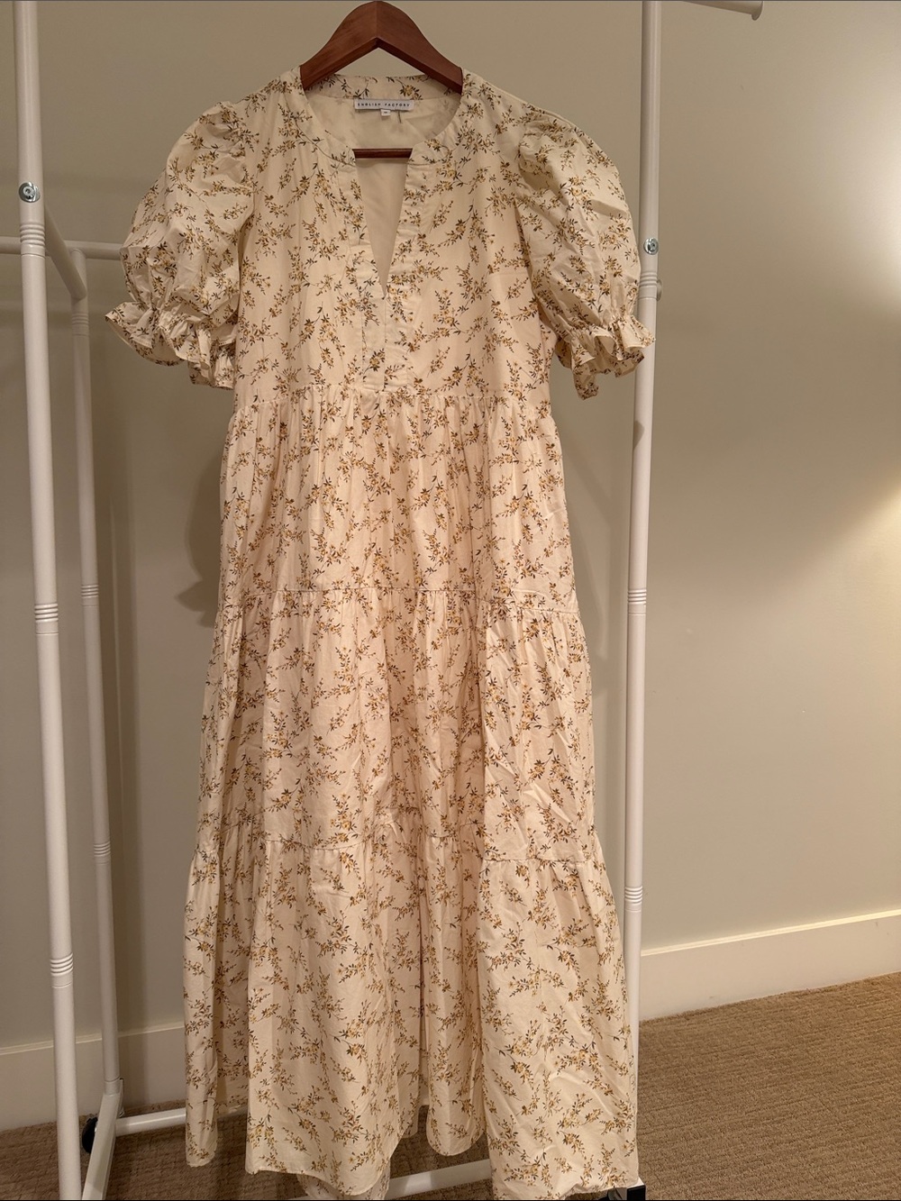 English Factory Cream Floral Tiered Maxi Dress with Puff Sleeves